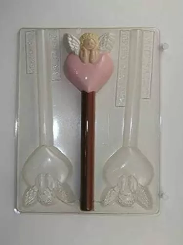 Cuid Resting Head on Hands on a Rounded Heart Pretzel Rod (Use 8" Pretzel Rods) Chocolate Candy Mold V181