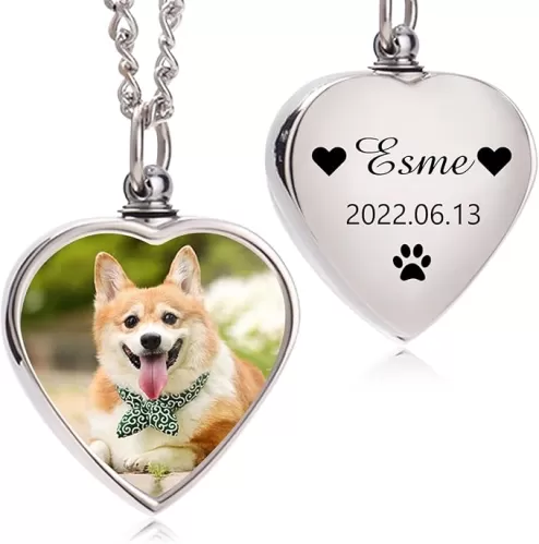 Custom Ashes Necklace Pet Memorial Gift with Photo Text, Personalized Dog/Cat Cremation Jewelry Keepsake.Double-sided customized heart-shaped pendant urn necklaces for dog cat lover Women and Men