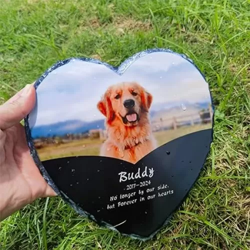 Custom Dog Memorial Stone with Photo & Name – Personalized Pet Headstone, Paw Print Keepsake Gift for Dog Loss, Outdoor Garden Slate Plaque (Heart-Shaped)