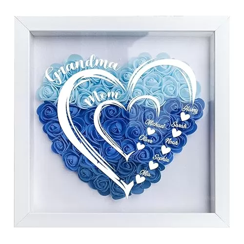 Custom Mom Flower Shadow Box Personalized Heart Shaped Name Frame Mothers Day Gift for Mom Grandma Family Anniversary Birthday (Double Heart, 8 * 8in/20 * 20cm)