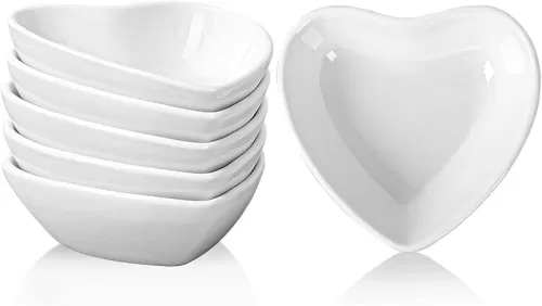 Delling Mini Dipping Bowls Set Soy Sauce Dish, Heart Shaped Dip Bowls, Small Ceramic Bowls for Ketchup, Condiments, Chips Dip Sets, Best Choice for BBQ and Other Party Dinner - 2Oz, Set of 6