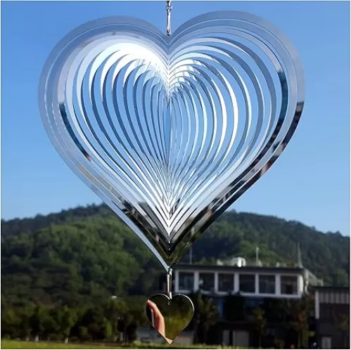 DJUAN Stainless Steel Reflective Wind Spinners Outdoor Garden Decor, Sparkly Wind Spinner Bird Devices Deterrent to Scare Birds Away from Yard Patio Farm, Metal Heart Wind Spinners Gifts for Mom, Women