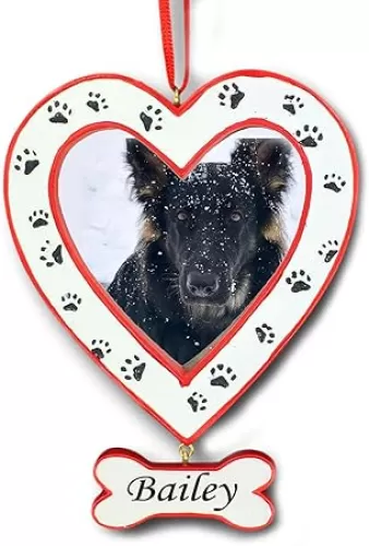 Dog Bone Christmas Ornament, Paw Print Dog Picture Frame, Heart Shape Pet Photo Keepsake Gift, Christmas Tree Decoration with Custom Name - 3.25 Inches