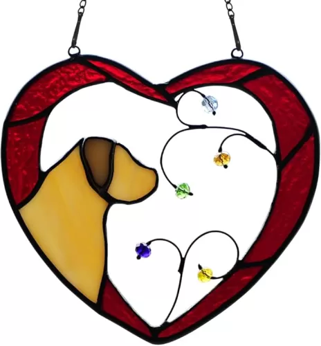 Dog Memorial Gifts for Dog Lovers, Stained Glass Window Hangings Heart Shape, Rainbow Bridge Pet Memorial Gifts Yellow Dog Passing Away Gifts, Loss of Dog Sympathy Gift for Women