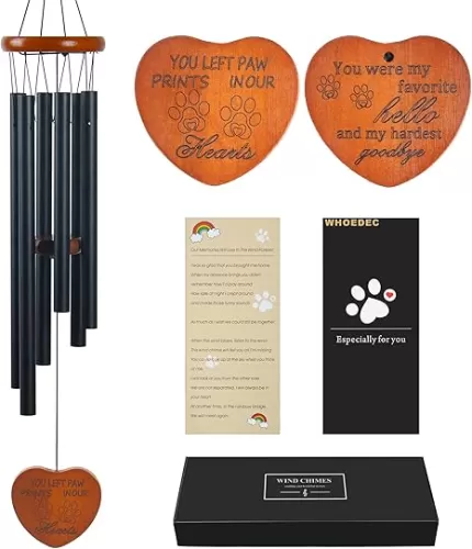 Dog Memorial Wind Chime - Loss of Dogs Sympathy Gift, Pet Passing Away Died Remembrance Gifts with Heart-Shaped Pendant, Pawprint Keyring & Rainbow Bridge Card Gifts in Memory of Dog