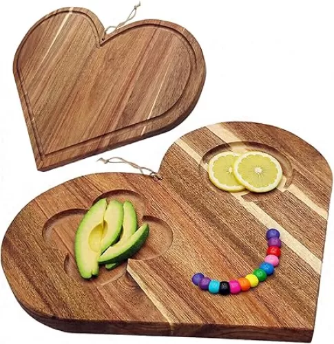 Double-Sided Acacia Wood Heart Cutting Board & Serving Tray Set - XO Charcuterie Serving Tray & Cheese Platter for Wife/Mom, Charcuterie Platter with Juice Groove 14"x12"x0.8"