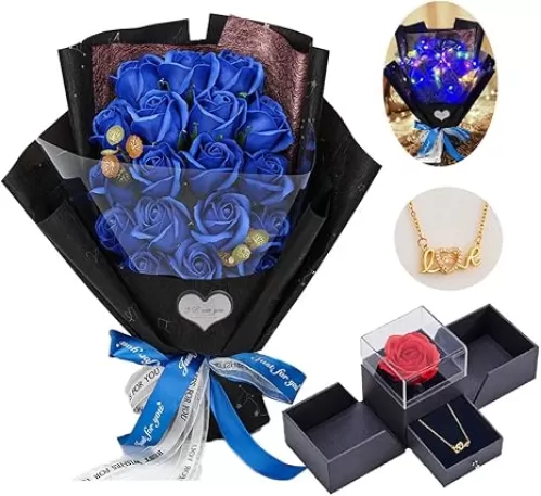 EIGHTOWN Roses Bouquet Artificial Flower - Preserved Blue Rose Flowers with Love Necklace for Her - Unique Gifts Valentine