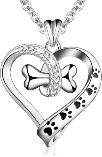 EUDORA 925 Sterling Silver Necklace Cute Dog Paws with Bone, Heart Shape Pendant 18", Gift for Dog Owner