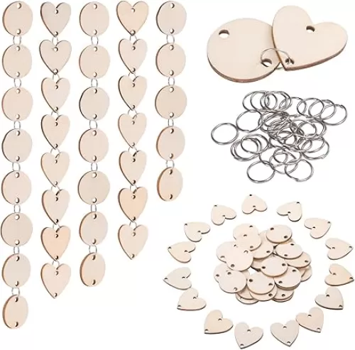 Favide 200 Pieces in Total, Wooden Circles Wooden Heart Tags with Holes and 12 mm Rings for Birthday Boards, Valentine, Chore Boards, Arts and Crafts (Set 1)