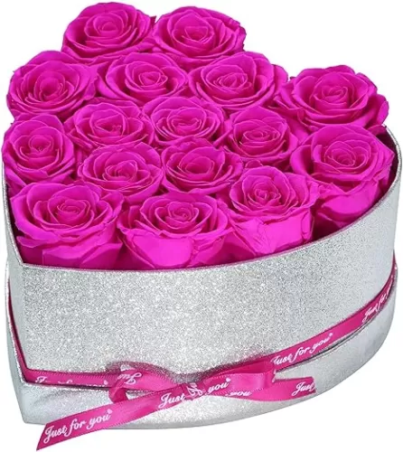 Flowers for Delivery, 16 Hot Pink Preserved Rose in Heart Shaped Box, Real Forever Roses Birthday Anniversary Valentines Day Mothers Day Flower Gifts for Her