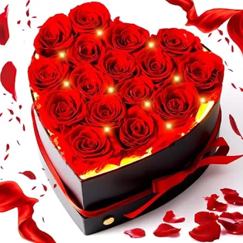 Flutesan 16 Pieces Preserved Roses Heart Shape Box with LED Light Immortal Lighting Flower Roses for Wife Mother, Mother