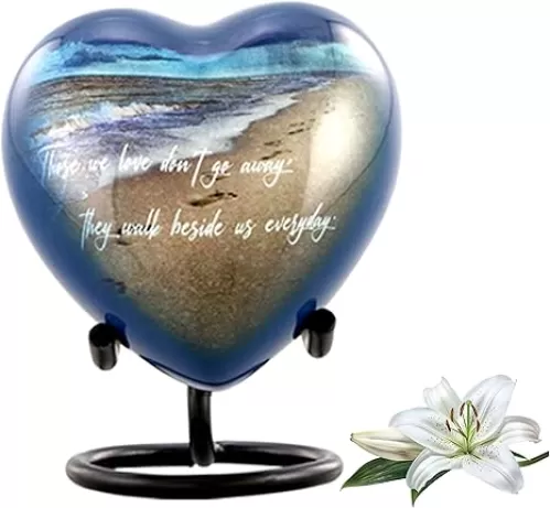 Footprints Keepsake Urn, Footprints Mini Cremation Urn for Ashes, Miniature Beach Heart Mini Memorial Blue Beach Urn with Dispaly Stand, Premium Box & Velvet Bag (Heart Keepsake)