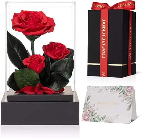 Forever Fresh Flower Preserved Rose - Lasting 3 to 5 Years Immortal Roses Eternal Love for Her Women Mom Wife Girlfriend Grandma Valentines Mothers Day Birthday Anniversary Christmas Romantic Gift Red