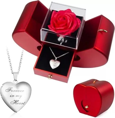 Forever Red Roses Heart Box to My Love Preserved Roses with Custom Photo Necklace Cherish These Eternal Flowers for Her Girlfriend Wife Mom Grandma