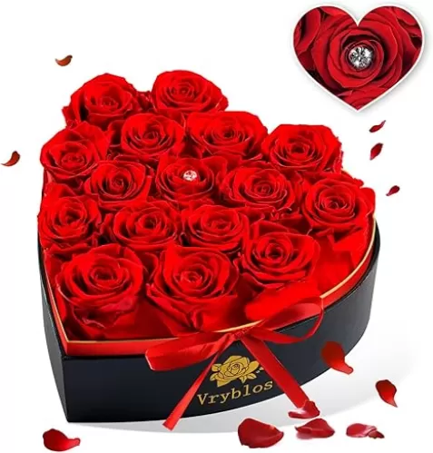 Forever Red Roses in a Heart Shaped Box 16 Preserved Flowers for Delivery 100% Real Quality Immortal Flower Eternal Birthday Graduation Gifts Home Deco for Her Mom Women Wife Girlfriend (Heart-Red)