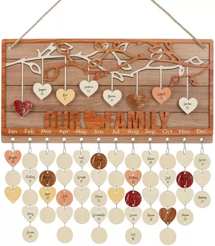 FWIEXA Family Birthday Plaque with Tags, Our Family Birthday Board DIY Gift for Mother Anniversary, Wooden Calendar Wall Hanging with 100 Heart/Circle Tags