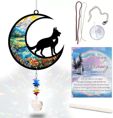 German Shepherd Suncatcher, Personalized Pet Loss Gift with Name & Date, Heart-Shaped Crystal Sun Catcher, Dog Remembrance Sympathy Rainbow Maker for Window & Garden