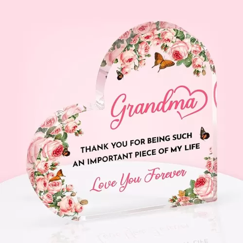 Gifts for Grandma from Grandkids - Heart-Shaped Engraved Acrylic Plaque 6x6 Inch - Birthday Mothers Day Christmas Gift Ideas - Desk Shelf Display for Living Room, Bedroom Decor, Love Decor