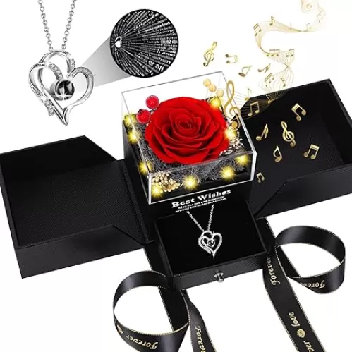 Gifts for Women - Preserved Real Rose with I Love You Heart Necklace, 100-Language LED Music & Lights, Romantic Birthday/Anniversary/Thanksgiving for Women and Girlfriend