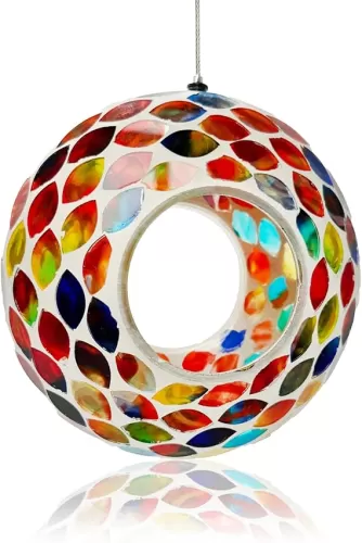 Glass Bird Feeders for Outdoor Hanging, Mosaic Fly Through Wild Bird Feeder Round Shape Birdfeeder for Outside Garden Yard Patio Decoration Red