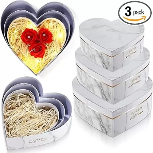 Glenmal 3 Pcs Heart Shaped Gift Boxes with Lids 100g Shredded Paper Fill Nesting Heart Flower Boxes for Wedding Bridesmaid Birthday Baby Showers Arrangements Present Packaging(White Marble)