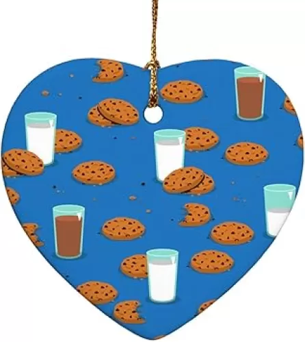 GRAPHICS & MORE Chocolate Chip Cookies and Milk Pattern Heart-Shaped Porcelain Holiday Christmas Tree Ornament - 2.8"