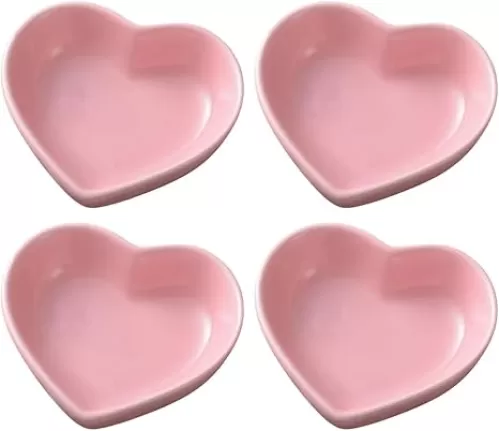 GSHLLO 4 Pcs Heart Shaped Ceramic Side Dish Small Porcelain Seasoning Bowls Soy Dipping Sauce Dishes Cute Appetizer Dessert Plates Sushi Vinegar Ketchup Bowls for Birthday Party Pink