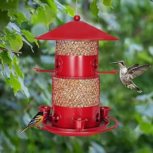 Hanging Wild Bird Feeders for Outdoors, Squirrel Proof, Large Capacity Outside Bird Feeder with 4 Water Cups, 6 Feeding Ports & Perch, Strong Metal, Attract Birds, Easy to Clean, Good for Bird Lovers