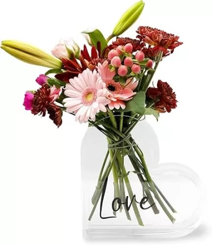 Heart Shaped Flower Vase Acrylic Red or Clear Love Word Design (CLEAR)