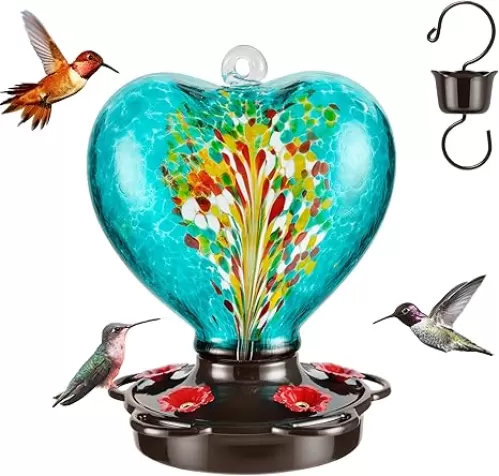 Heart Shaped Hummingbird Feeder for Outdoors Hanging, Hand Blown Glass, 28 fl.oz, Leak Proof & Rustproof, Includes Ant Moat, Unique & Stylish Garden Decor, for Your Loved Ones, Teal