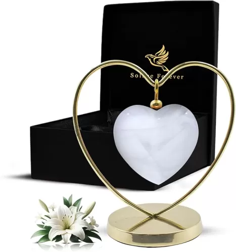 Heart Urn for Human Ashes - Small Urn with Hanging Heart Stand - Cremation Heart Mini Urn - Honor Your Loved One with Keepsake Urn for Ashes - Heart Urn for Men & Women (Pearl White, Small)