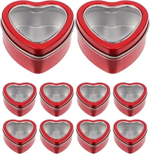 Hemoton Wedding Favors 10pcs Tin Heart Shaped Tinplate with Lid Chocolate Candy Cookie Boxes Empty Candle Tin Jewelry Cases For Wedding Party Red Candy Box