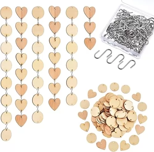 Hicarer 240 Pcs Wooden Circle Set 120 Pcs Wooden Heart Round Tags with Holes 120 Pcs S Shaped Hook Connectors Wood Ornaments for Birthday Chore Board
