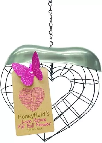 Honeyfields Wild Bird 'Love Nature' Fat Ball Suet Feeder, Heart Shaped, Black Metal with a Decorative Stainless Steel lid, Easy to Hang & a Great Gift for a Loved one