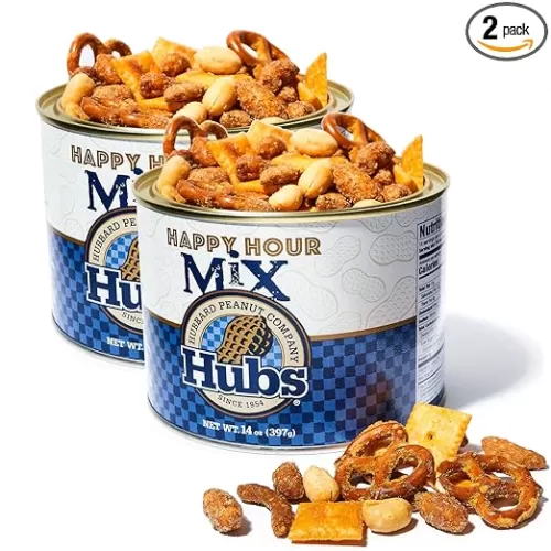 Hubs Peanuts Happy Hour Hubs (2 pack of 14 oz Can) - Delights Snack Mix for On-the-Go - Variety of Flavors - Premium Ingredients - Honey Roasted Peanuts, Cheese Crackers