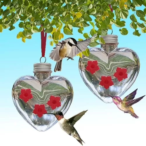 Hummingbird Feeder for Outdoors, 3 Flower Shaped Feeding Ports, Heart Style Humming Bird Feeder, Valentine Birthday Gift for Bird Lover, Hanging Bird Feeder for Garden Yard Decor (2pcs)