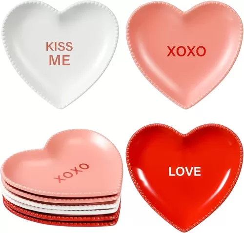 Hushee 6 Pcs 6.89 inch Heart Shaped Bowl Ceramic Seasoning Dishes Soy Dipping Sauce Dishes Bowl for Wedding Party, Red, White, Pink, Xoxo, Love, Kiss Me