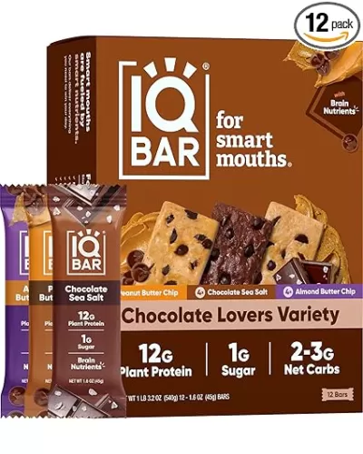 IQBAR Brain and Body Plant Protein Bars - Chocolate Lovers Variety - 12-Count Low Carb - Gluten Free, High Fiber, Vegan Snacks - Low Sugar Meal Replacement