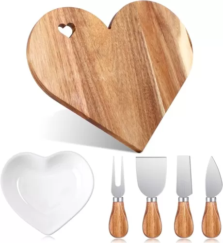 Irenare 6 Pcs Heart Shaped Charcuterie Board and Serving Set 12 x 10 x 0.6 Inch Acacia Wood Heart Shaped Cutting Board Cheese Serving Platter Plates Ceramic Bowl Cheese Knife Set