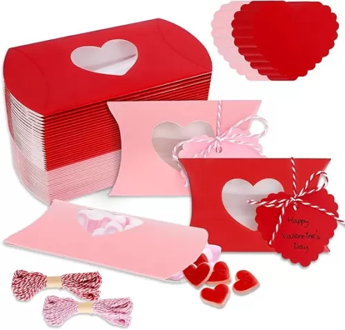 JarThenaAMCS 50Pcs Valentine's Day Treat Boxes with Gift Tags Cotton Rope Red Pink Pillow Boxes with Heart PVC Window Gift Paper Container for Sweets Chocolate Birthday Wedding Party