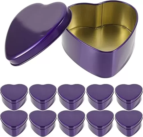 Kisangel Party Box 10pcs Purple Heart Metal Tins Tinplate Storage Can Tinplate Candy Box for Wedding Party Favors Goodies Cookie Chocolate Snack Storage Candle Making Size L Mini Tin Box
