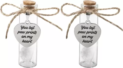 Klmnop 2 Pcs Pet Hair Memorial Bottle, Dog Or Cat Keepsake with Heart Shape Ornaments White Organza Bags Pet Loss Memory Sympathy Gift for Ashes or Hair(Claear)