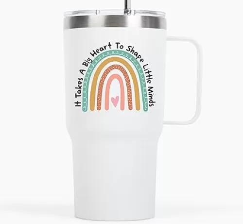 KLUBI It Takes a Big Heart to Shape Little Minds Tumbler With Handle And Straw - 20 Ounce Teacher Appreciation Gift for Women - Preschool Teacher Gift