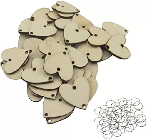 LASSUM 50 Pcs Heart Shape Unfinished Wood Cutouts with 2 Holes and 50 Pcs Metal Rings for DIY Arts Crafts Ornaments, Weddings Decoration, Birthday Reminder Calendar Plaques Tags