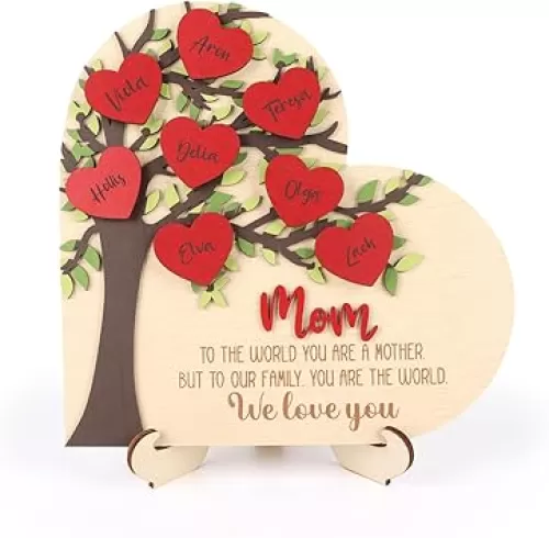 LHIUEM 3D Personalized (11”X11”) Red Heart Shaped Mother Day Puzzles to Mom Plaque with Kids 10 Names Tags Happy 3D Wooden Family Tree Wall Art for Room Office Table