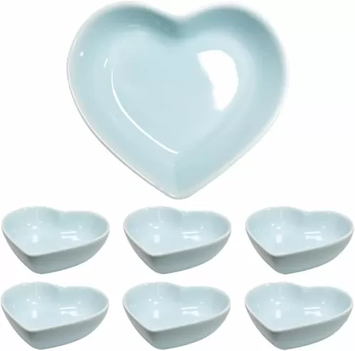 Light Blue 6 pcs Soy Sauce Dish Heart Shaped Porcelain Ceramic Dip Dipping Bowls 1.65 oz for Dinner Baking BBQ and Cooking