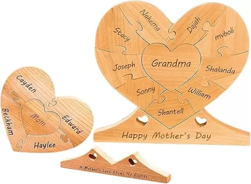linl Mothers Day Puzzle Customize 1-8 Name Puzzles Custom Walnut Heart Shaped Family Name Puzzles, Art Deco Style, Personalized Gift for All Ages