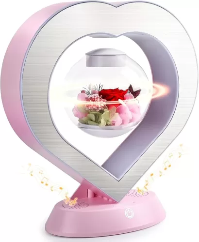 LoveLin Heart Preserved Rose Flowers with Bluetooth Speakers, 5W Pink Magnetic Levitation Table Lamp with Variable Color LED Light, Unique Forever Flower Gift for Women, Girls, Mother and Grandma