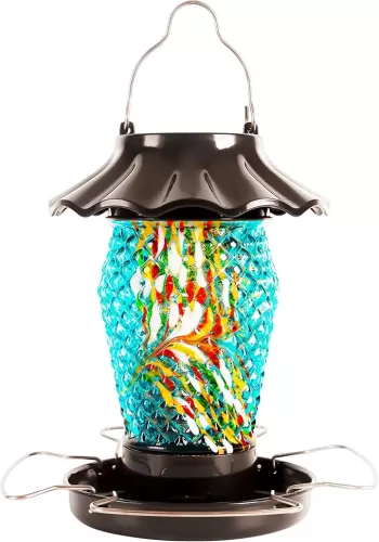 LUJII Solar Powered Bird Feeder for Outside Hanging, Diamond Shaped Hand Blown Glass, Weatherproof, Lighted Lantern for Garden Decor, Fits Large Birds Like Cardinal or Blue Jay & Songbird (Teal)