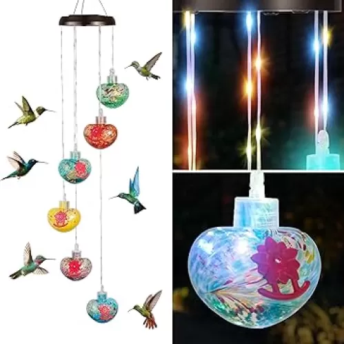LUJII Solar Wind Chime Hummingbird Feeders for Outdoors, Lighted LED Wires, 6 Hand Blown Glass Reservoirs, RGB Lights, Heart Shaped